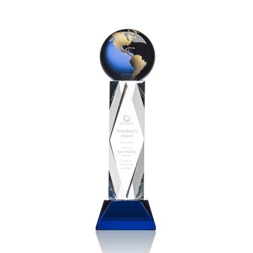 Awards and Plaques - Crystal Trophies - Winkler Globe Blue/Gold Towers Crystal Trophy