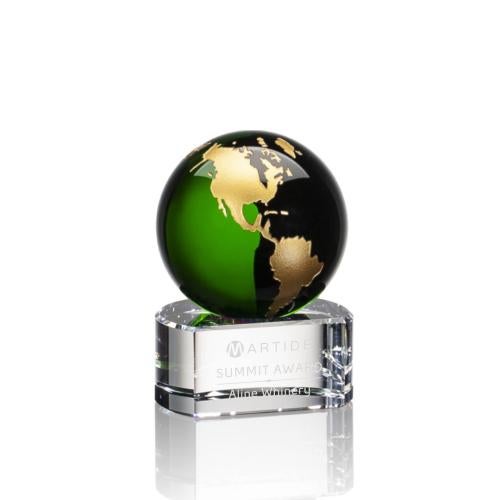 Awards and Plaques - Crystal Trophies - Crystal Globe Awards - Sawyer Green/Gold Globe Crystal Trophy