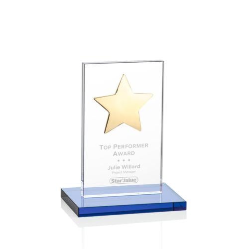 Awards and Plaques - Crystal Trophies - Zuniga Star Sky Blue/Gold Rectangle Crystal Trophy