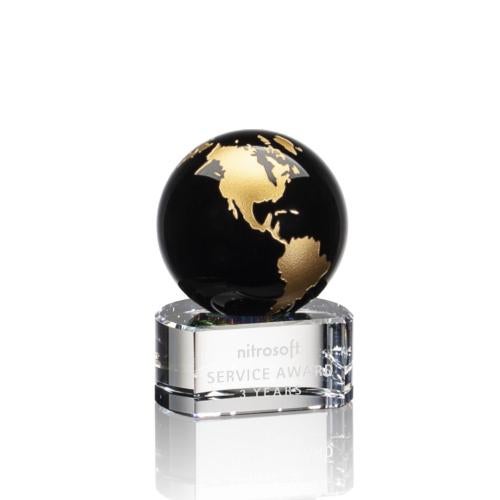 Awards and Plaques - Crystal Trophies - Crystal Globe Awards - Sawyer Black/Gold Globe Crystal Trophy