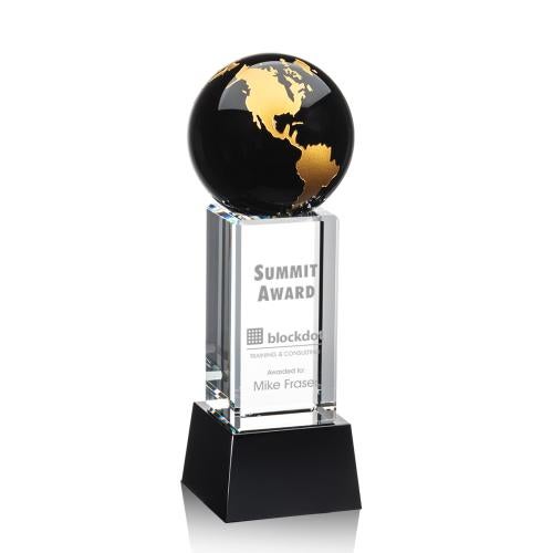 Awards and Plaques - Crystal Trophies - Caballero on Base Black/Gold Globe Crystal Trophy