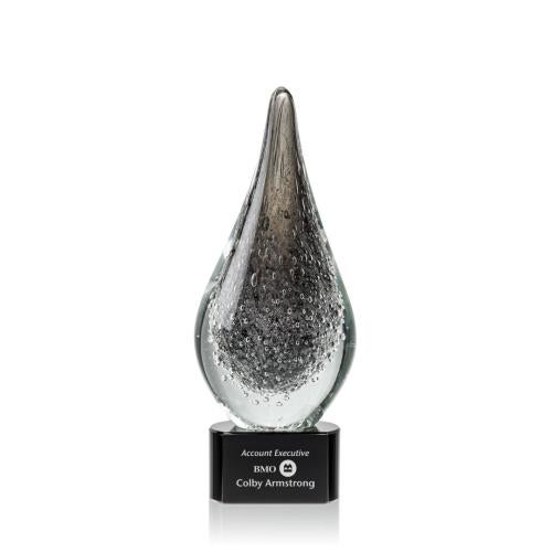 Awards and Plaques - Glass Trophies - Art Glass Trophies - Dejesus on Half Round Base Black Tear Drop Glass Trophy