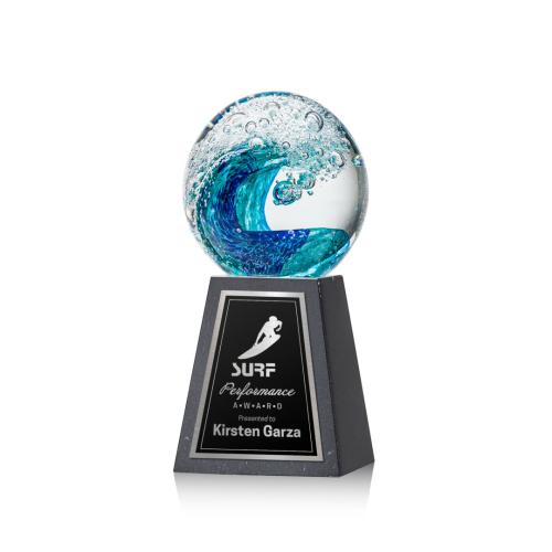 Awards and Plaques - Glass Trophies - Art Glass Trophies - Ocean Wave Globe on Tall Marble Glass Trophy