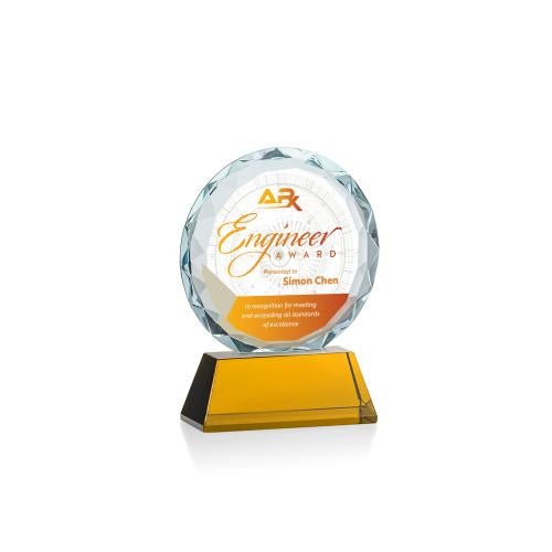 Awards and Plaques - Crystal Trophies - Linares Full Color Amber Circle Crystal Trophy