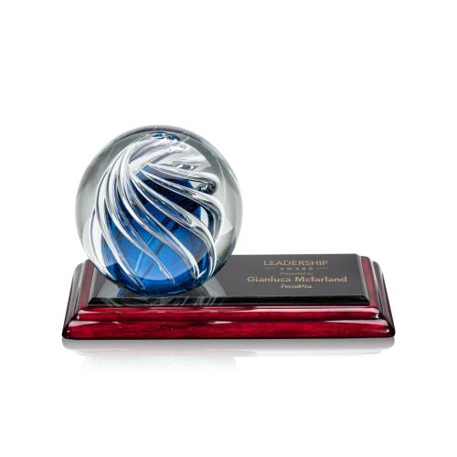 Awards and Plaques - Glass Trophies - Art Glass Trophies - Truong Globe on Rosewood Base Glass Trophy