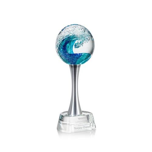 Awards and Plaques - Glass Trophies - Art Glass Trophies - Ocean Wave Towers on Metal Pedestal Base Glass Trophy