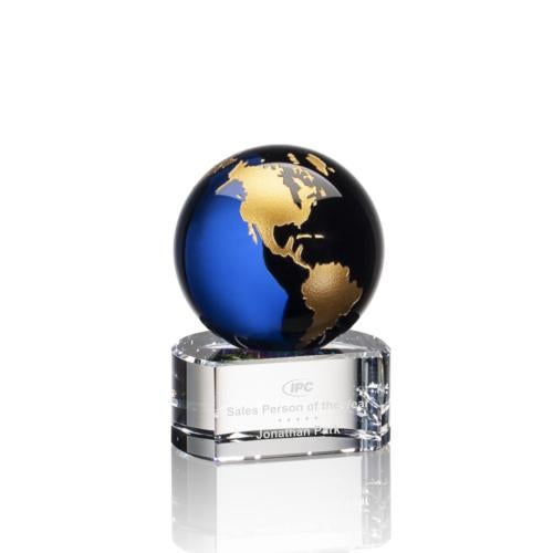 Awards and Plaques - Crystal Trophies - Crystal Globe Awards - Sawyer Blue/Gold Globe Crystal Trophy