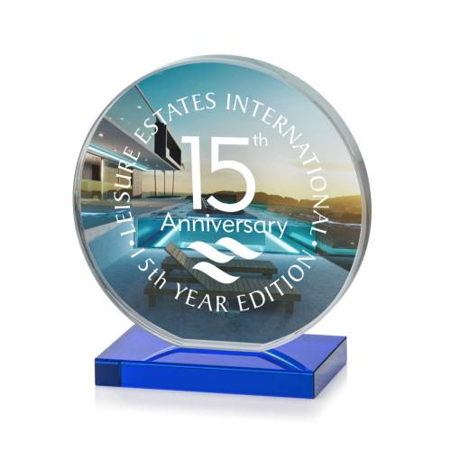Awards and Plaques - Crystal Trophies - Drummond Full Color Blue Circle Crystal Trophy