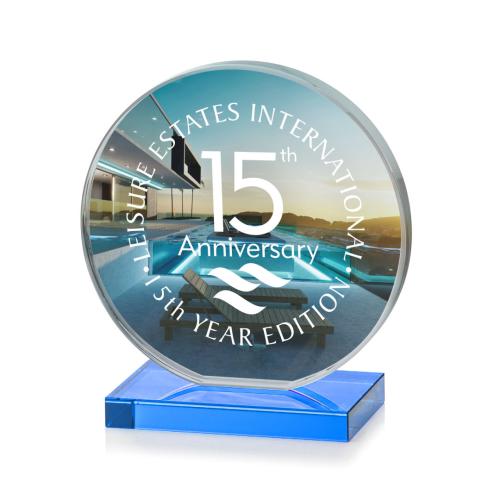 Awards and Plaques - Crystal Trophies - Drummond Full Color Sky Blue Circle Crystal Trophy