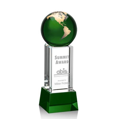 Awards and Plaques - Crystal Trophies - Caballero on Base Green/Gold Globe Crystal Trophy
