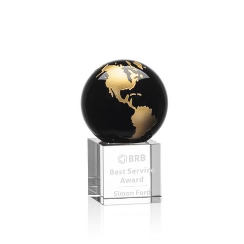 Awards and Plaques - Crystal Trophies - Crystal Globe Awards - Petty Black/Gold Globe Crystal Trophy