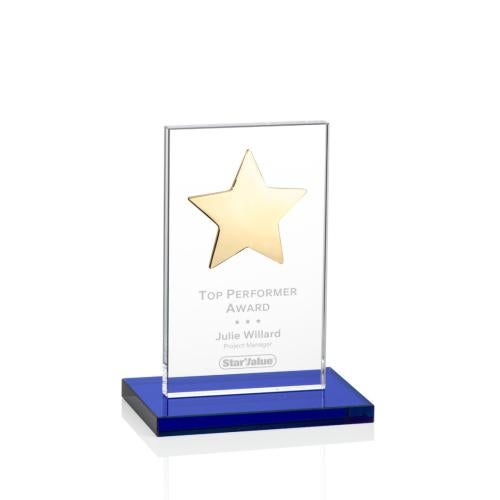 Awards and Plaques - Crystal Trophies - Zuniga Star Blue/Gold Rectangle Crystal Trophy