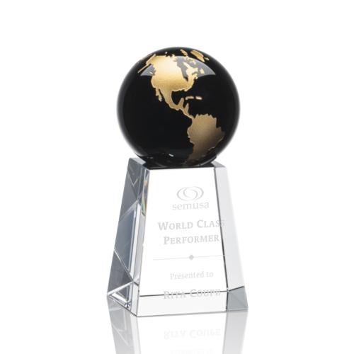 Awards and Plaques - Crystal Trophies - Krause Black/Gold Globe Crystal Trophy