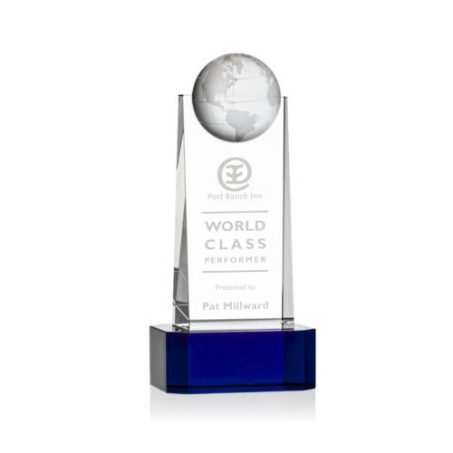Awards and Plaques - Crystal Trophies - Kruse Globe on Base Blue Towers Crystal Trophy