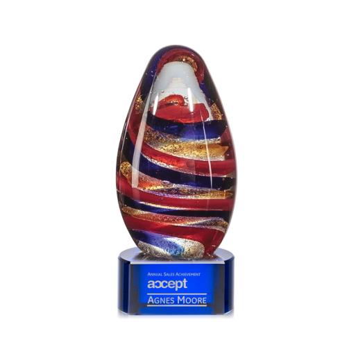 Awards and Plaques - Glass Trophies - Art Glass Trophies - Stallings on Half Round Base Blue Tear Drop Glass Trophy