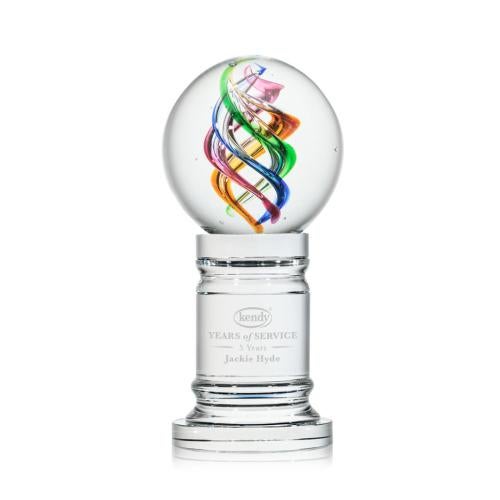 Awards and Plaques - Glass Trophies - Art Glass Trophies - Blackburn Globe on Crystal Pedestal Base Glass Trophy