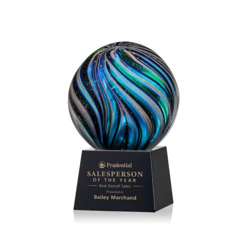 Awards and Plaques - Glass Trophies - Art Glass Trophies - McCray on Small Crystal Base Black Globe Glass Trophy
