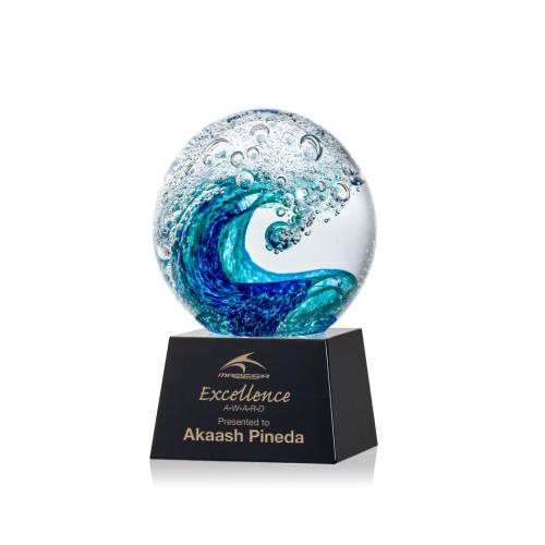 Awards and Plaques - Glass Trophies - Art Glass Trophies - Ocean Wave Globe on Small Crystal Black Glass Trophy