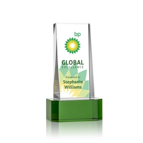 Awards and Plaques - Crystal Trophies - Kirkpatrick Full Color on Base Green Towers Crystal Trophy
