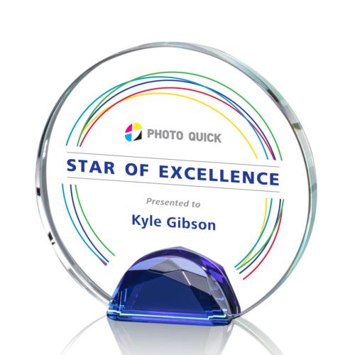Awards and Plaques - Crystal Trophies - Kenney Full Color Blue Circle Crystal Trophy