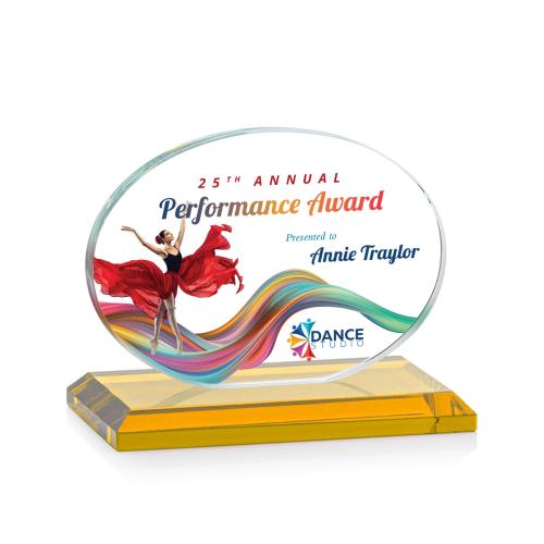 Awards and Plaques - Crystal Trophies - Woods (Horiz) Full Color Amber Circle Crystal Trophy