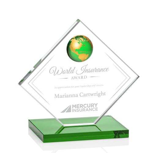 Awards and Plaques - Crystal Trophies - Buckley Globe Green/Gold Crystal Trophy