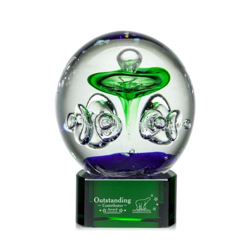 Awards and Plaques - Glass Trophies - Art Glass Trophies - Williamson on Half Round Base Green Globe Glass Trophy
