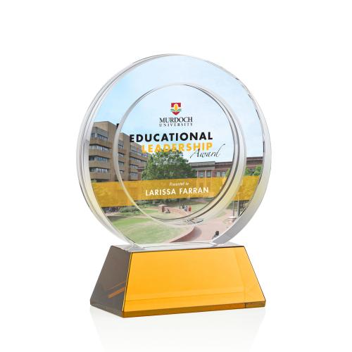 Awards and Plaques - Crystal Trophies - Napier Full Color on Base Amber Circle Crystal Trophy