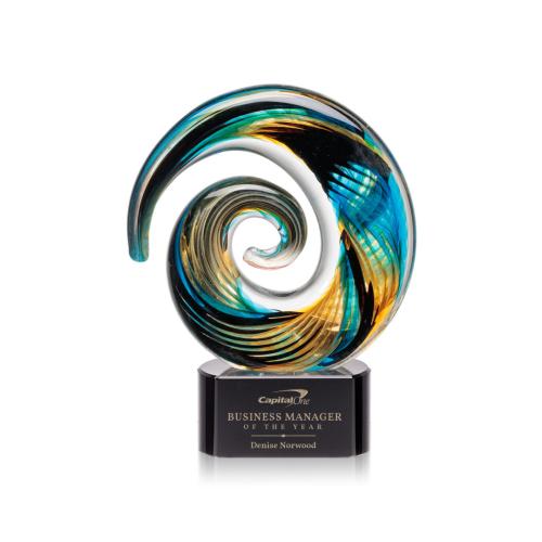 Awards and Plaques - Glass Trophies - Art Glass Trophies - Gleason on Half Round Black Circle Glass Trophy