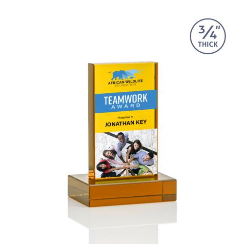 Awards and Plaques - Crystal Trophies - Cartwright Full Color Amber Rectangle Crystal Trophy