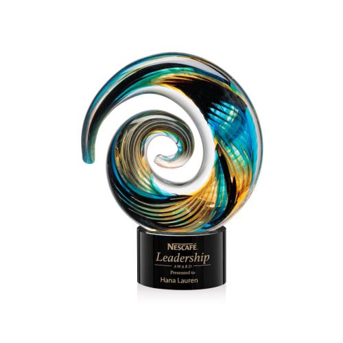 Awards and Plaques - Glass Trophies - Art Glass Trophies - Gleason on Round Black Circle Glass Trophy