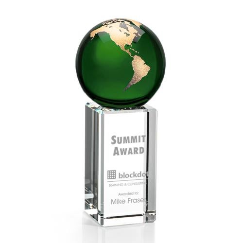 Awards and Plaques - Crystal Trophies - Caballero Green/Gold Globe Crystal Trophy