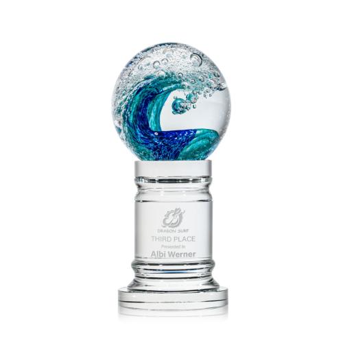 Awards and Plaques - Glass Trophies - Art Glass Trophies - Ocean Wave Globe on Crystal Pedestal Base Glass Trophy