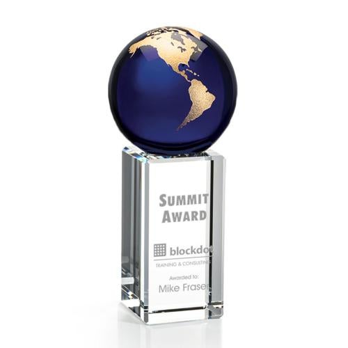 Awards and Plaques - Crystal Trophies - Caballero Blue/Gold Globe Crystal Trophy