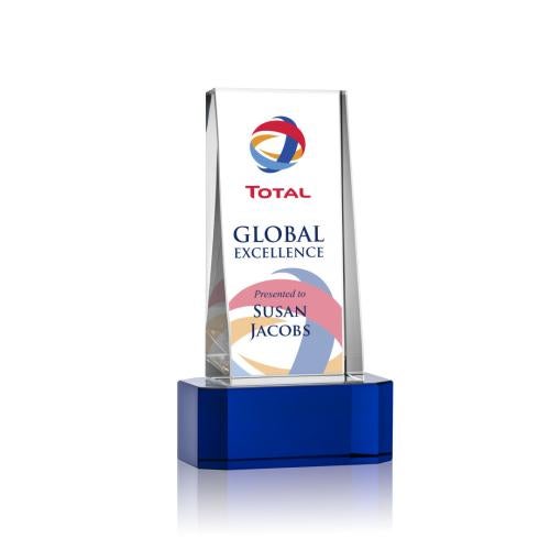 Awards and Plaques - Crystal Trophies - Kirkpatrick Full Color on Base Blue Towers Crystal Trophy