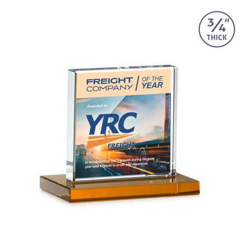 Awards and Plaques - Crystal Trophies - Landers Full Color Amber Square / Cube Crystal Trophy