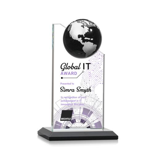 Awards and Plaques - Crystal Trophies - Myers Full Color Black/Silver Globe Crystal Trophy