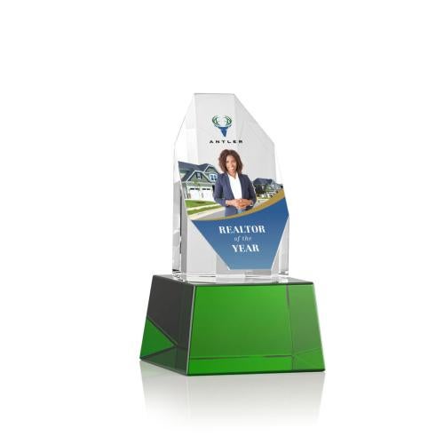 Awards and Plaques - Crystal Trophies - Cunningham Full Color on Base Green Polygon Crystal Trophy