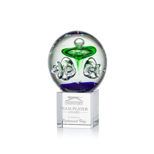 Awards and Plaques - Glass Trophies - Art Glass Trophies - Williamson Globe on Square Crystal Base Glass Trophy