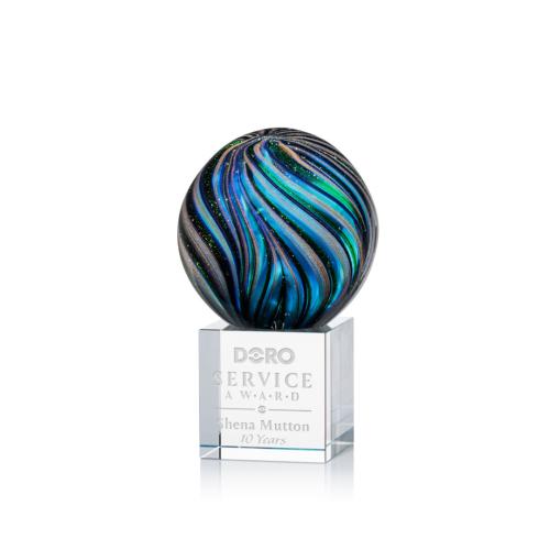 Awards and Plaques - Glass Trophies - Art Glass Trophies - McCray Globe on Square Crystal Base Glass Trophy