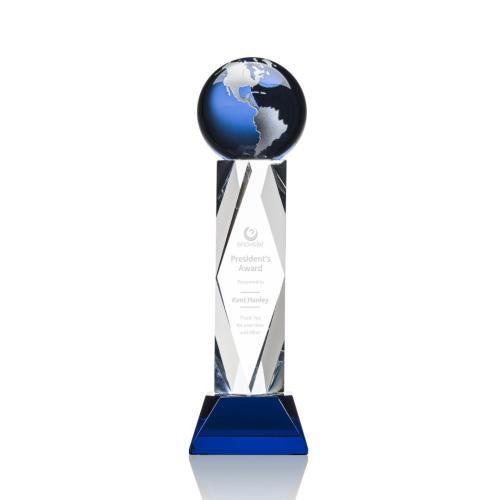 Awards and Plaques - Crystal Trophies - Winkler Globe Blue/Silver Towers Crystal Trophy