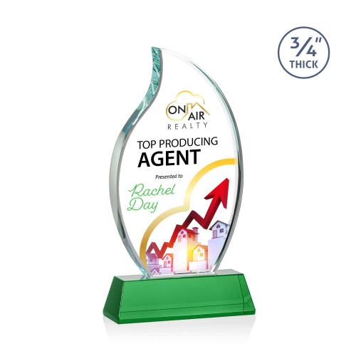 Awards and Plaques - Crystal Trophies - Summers Full Color on Helton Base Green Flame Crystal Trophy