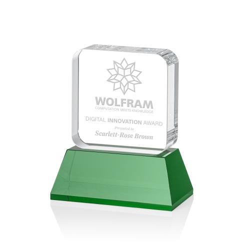 Awards and Plaques - Crystal Trophies - Walls on Base Green Square / Cube Crystal Trophy
