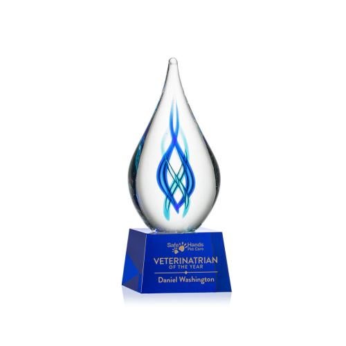 Awards and Plaques - Glass Trophies - Art Glass Trophies - Bauman on Small Crystal Base - Blue