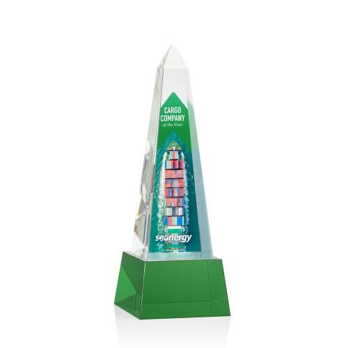 Awards and Plaques - Crystal Trophies - Slaughter Full Color on Base Green Obelisk Crystal Trophy