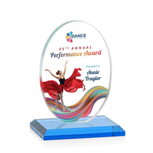 Awards and Plaques - Crystal Trophies - Woods (Vert) Full Color Sky Blue Circle Crystal Trophy