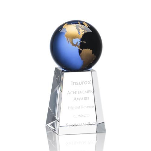 Awards and Plaques - Crystal Trophies - Krause Blue/Gold Globe Crystal Trophy