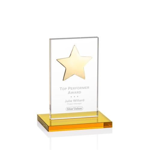 Awards and Plaques - Crystal Trophies - Zuniga Star Amber/Gold Rectangle Crystal Trophy