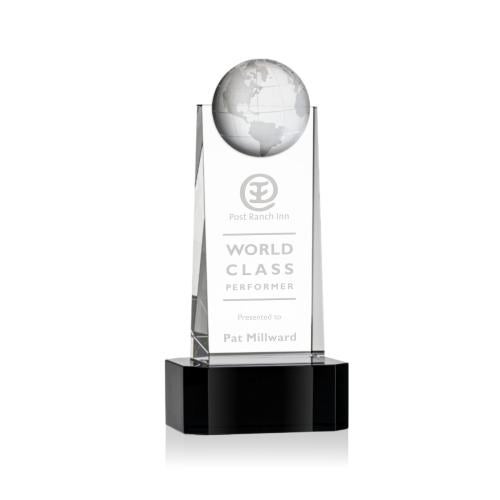Awards and Plaques - Crystal Trophies - Kruse Globe on Base Black Towers Crystal Trophy