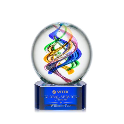 Awards and Plaques - Glass Trophies - Art Glass Trophies - Blackburn on Half Round Base Blue Globe Glass Trophy